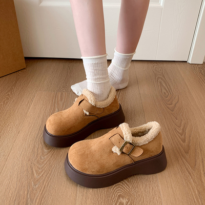 勃肯棉鞋女2025冬新款加绒小个子皮带扣松糕厚底复古乐福鞋单鞋潮