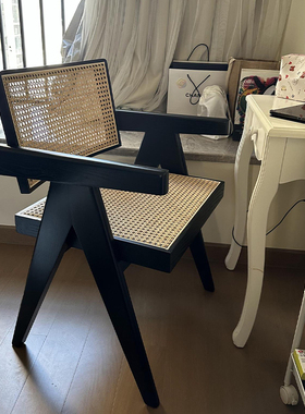 侘寂风昌迪加尔椅家用藤编椅餐椅原木风带扶手靠背复古实木休闲椅