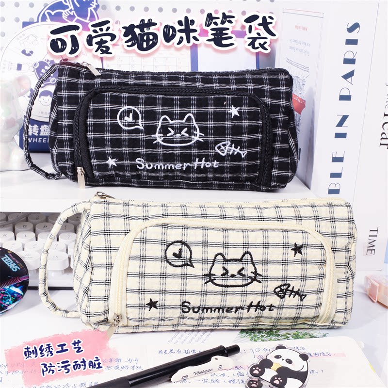 格纹小猫笔袋2026新款小众复古格子刺绣ins女生闺蜜高颜值韩系手提文具盒大容量简约初中小学生收纳袋铅笔盒