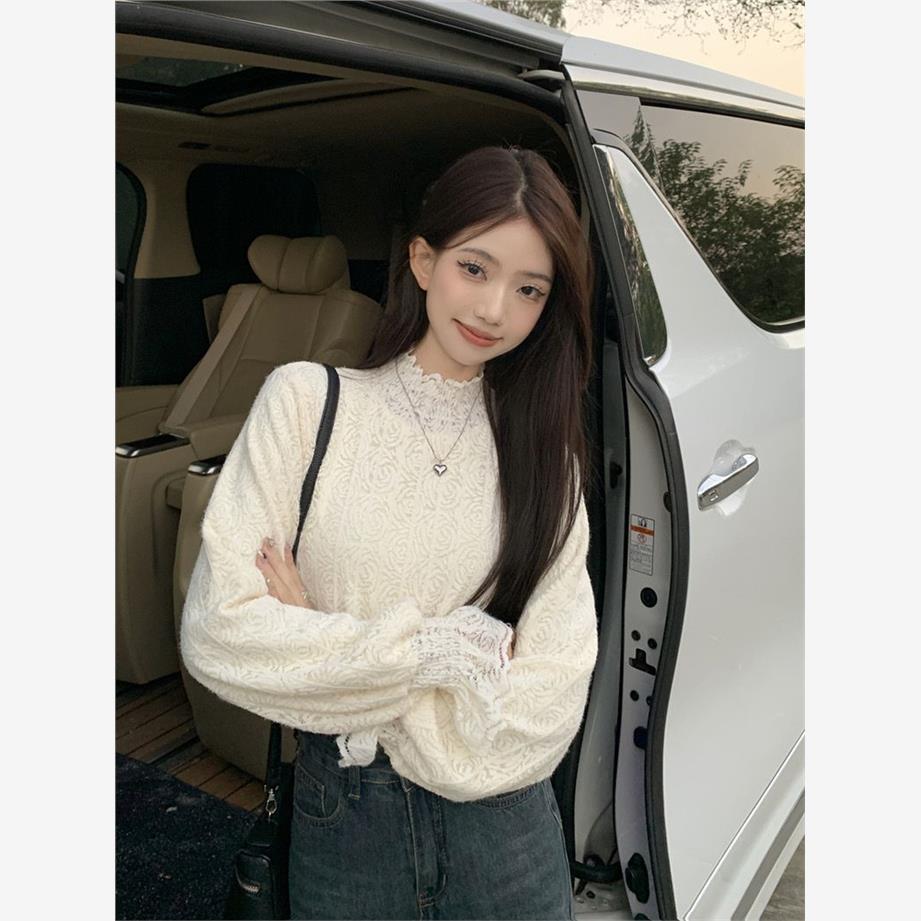 加绒磨毛蕾丝打底衫女装