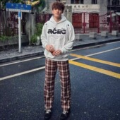 ZLAYCO砖红色美式 休闲裤 格子条纹直筒中腰宽松卫裤 微弹透气长裤