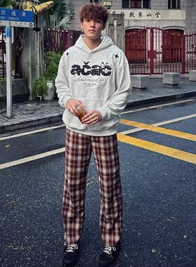 ZLAYCO砖红色美式格子条纹直筒中腰宽松卫裤微弹透气长裤休闲裤