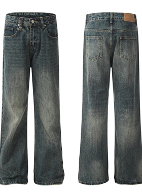 ZLAYCO美式复古水洗做旧牛仔裤男宽松直筒阔腿长裤