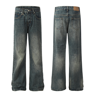 ZLAYCO美式复古水洗做旧牛仔裤男宽松直筒阔腿长裤