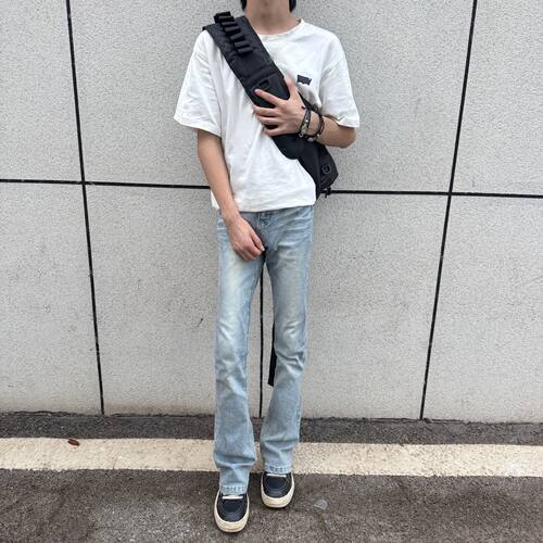 ZLAYCO纪璇冰蓝牛自然立体手工猫须修身男女微喇牛仔裤显瘦显腿长