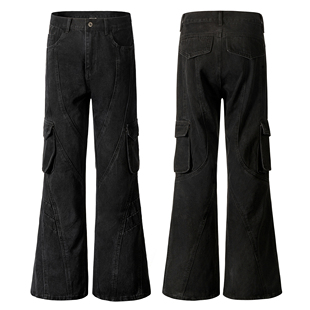 ZLAYCO美式重工解构水洗做旧微喇牛仔裤男vibe复古宽松直筒工装裤