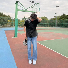 ZLAYCO闪电纹冰丝蓝美式高街百搭显瘦春夏微喇男Pansk版型牛仔裤