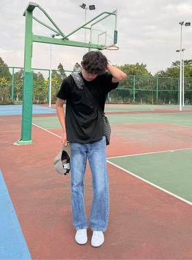 ZLAYCO闪电纹冰丝蓝美式高街百搭显瘦春夏微喇男Pansk版型牛仔裤