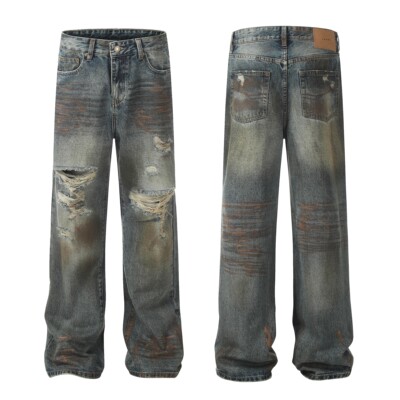 ZLAYCO美式高街复古破洞牛仔裤