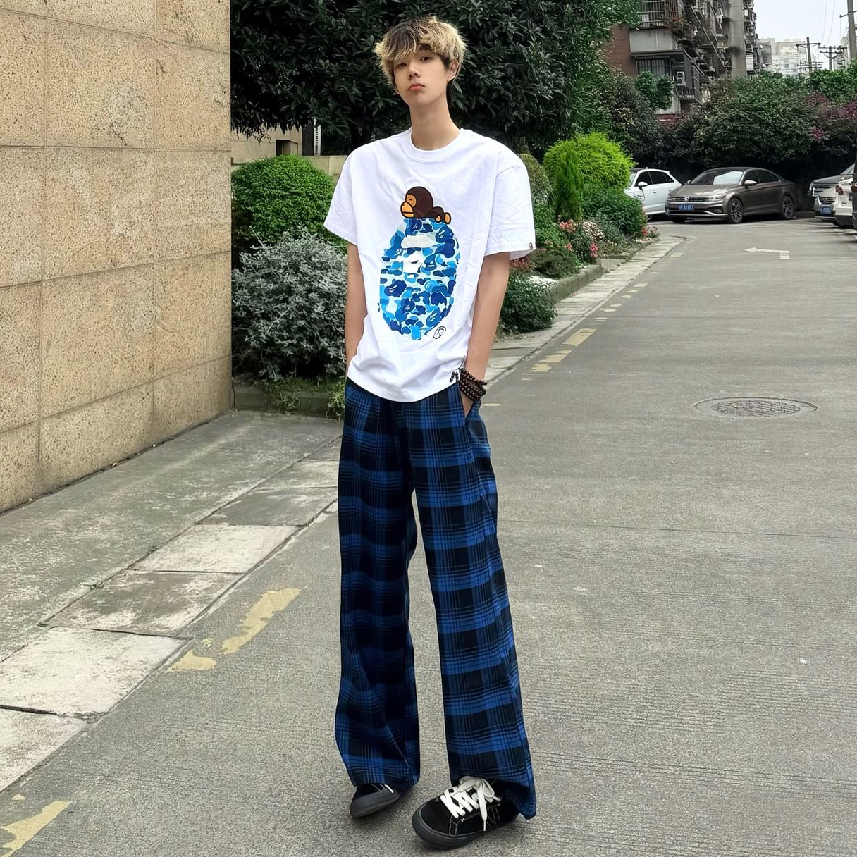 ZLAYCO美式蓝黑色格子垂感休闲裤男女宽松休闲直筒阔腿百搭长裤
