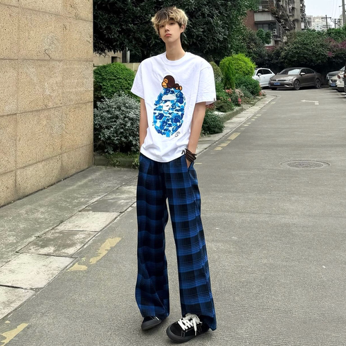 ZLAYCO美式蓝黑色格子垂感休闲裤男女宽松休闲直筒阔腿百搭长裤
