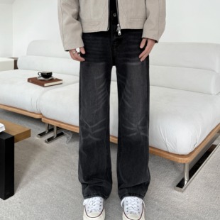 ZLAYCO夏季黑灰闪电波纹重工猫须水洗纹百搭显瘦直筒微喇牛仔裤
