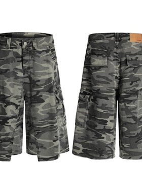 ZLAYCO GXFortune美式复古流苏迷彩七分工装裤男女多口袋设计感