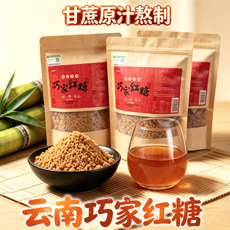 云南巧家红糖甘蔗原汁熬制红糖粉食用冲饮红糖古法手工制糖袋装