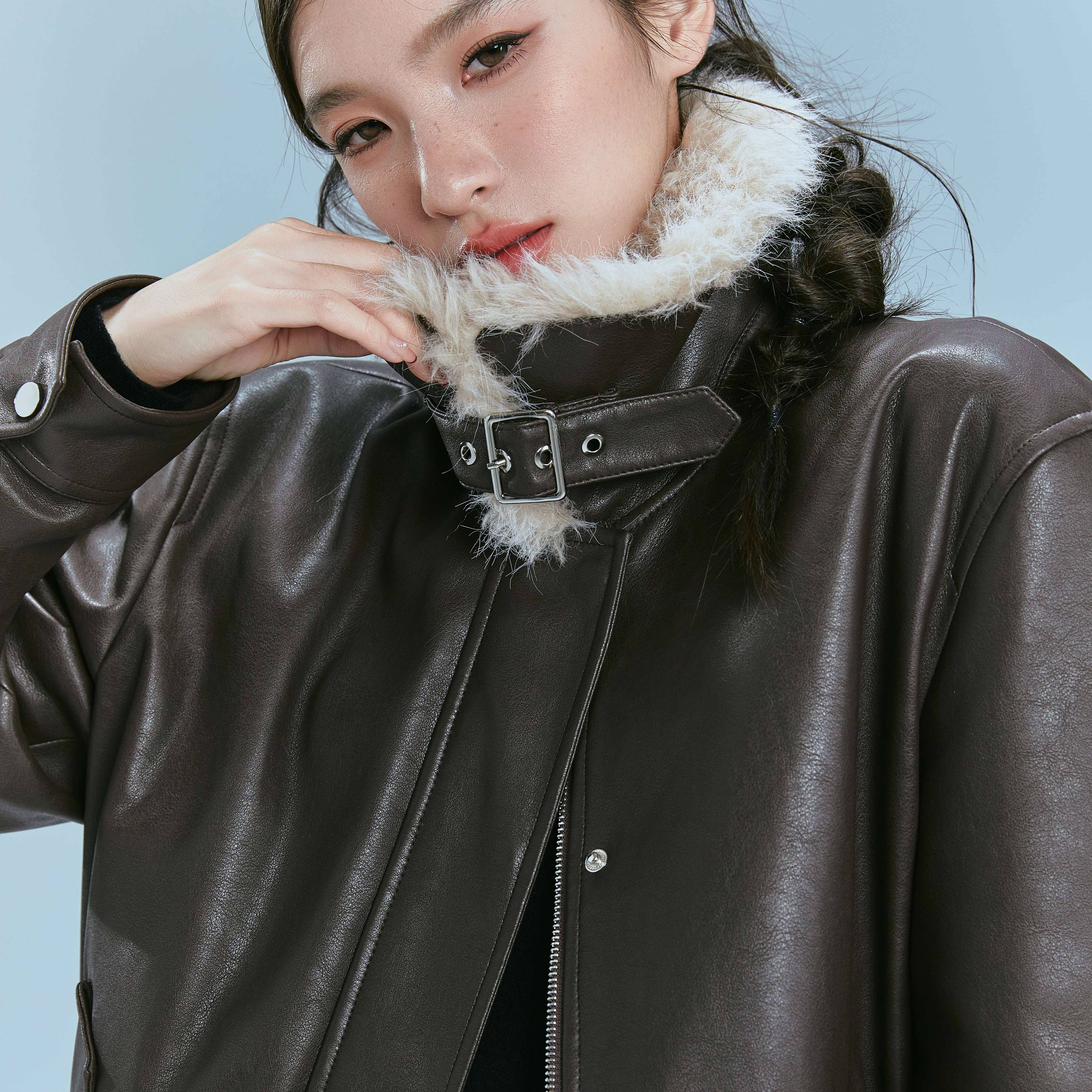 陈十五24秋冬【巴塞罗那】美式复古巴恩毛领短款羽绒皮衣休闲夹克