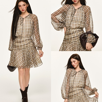 陈十五25早秋【暖暖】韩系格纹环包收腰设计长袖系带领连衣裙