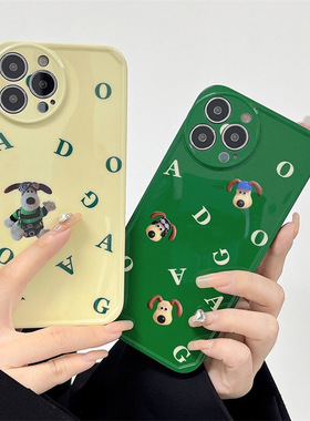 满屏卡通英文狗狗个性适用iPhone14ProMax手机壳XR绿色苹果12保护套