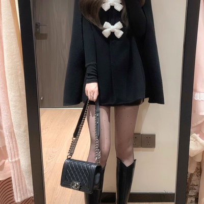 斗篷大衣小香风蝴蝶结黑色毛呢女