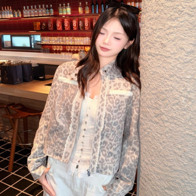 做旧定染豹纹印花立领外套女秋季