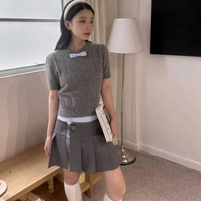 miu系高级感灰色针织衫短袖上衣