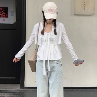 清纯甜美温柔风高级感白色针织开衫 吊带背心女两件套装 防晒衫 夏季