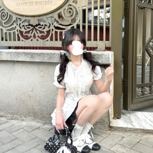 温柔气质减龄洋气白色荷叶边拼接上衣韩系收腰短袖 T恤衬衫 女夏季