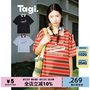 复古休闲上衣棉质落肩polo衫 Tagi.想象宽松条纹印花短袖
