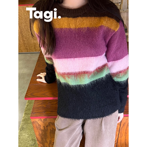 Tagi.温暖条纹拼色宽松拉毛长袖