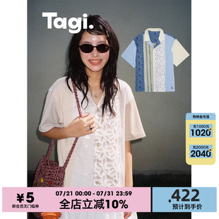 襯衫 Tagi.想象i拼接古巴領(lǐng)復(fù)古立體小花蕾絲色織休閑短袖