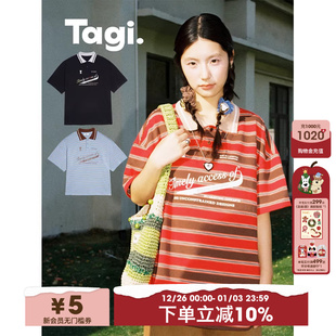 Tagi.想象宽松条纹印花短袖 复古休闲上衣棉质落肩polo衫