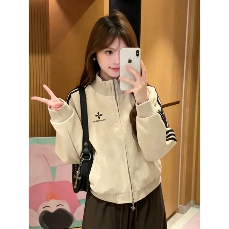 复古韩系荔枝纹PU皮衣外套女春秋季休闲百搭宽松立领条纹短款夹克