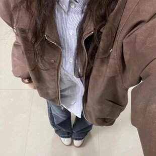 小众设计宽松情侣装 2025新款 休闲夹克潮 复古皮衣外套女春秋季 美式