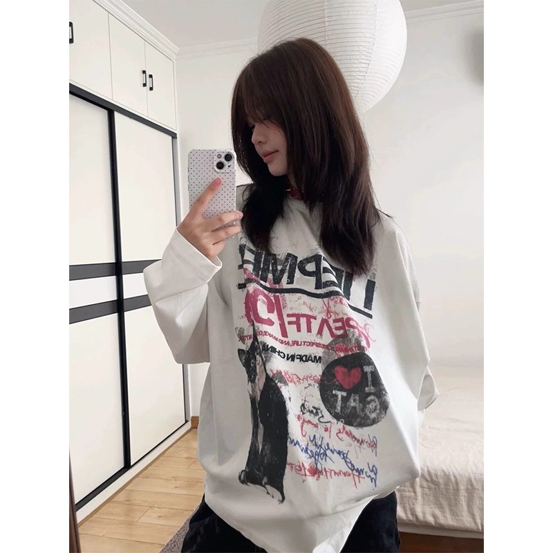 美式做旧印花长袖t恤女早秋卡通猫咪宽松打底衫Vintage白色上衣潮