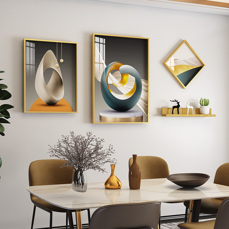 现代餐厅3框晶瓷艺术几何铝合金装饰画置物架组合金属水晶膜画框