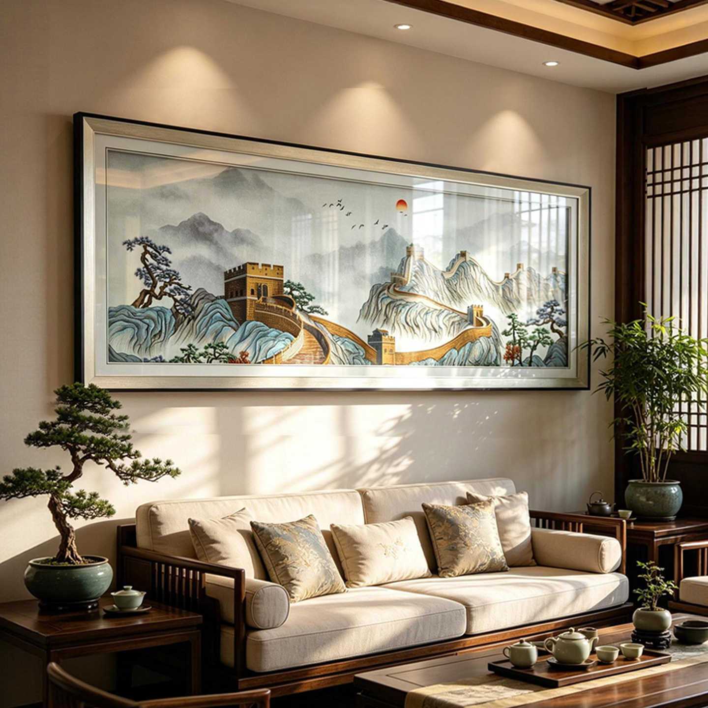 新中式织锦绣客厅装饰画长城背后靠山办公室画高档沙发背景墙挂画