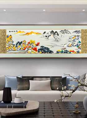 云峰竞秀新中式客厅装饰画刺绣实物山水画高档大气沙发背景墙挂画