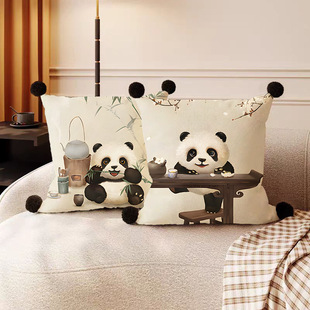 新中式熊猫百态抱枕沙发客厅中国风靠山靠背舒适棉麻枕套睡觉枕