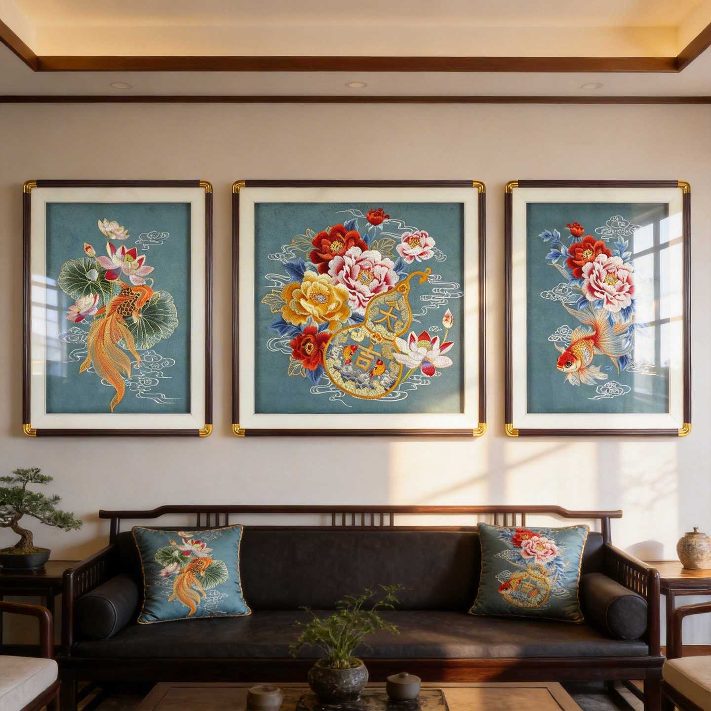 新中式织锦绣客厅装饰画花开富贵沙发背景墙三联画锦鲤刺绣画