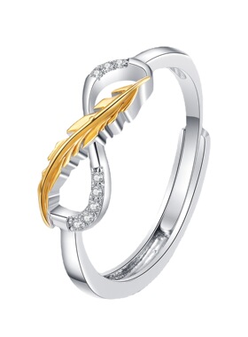 新品跨境热销新品金银撞色黄金色羽毛8字镶钻时尚简约戒指指环女