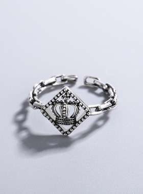 方形泰银皇冠戒指女韩版个性创意复古锁链开口戒指环生日礼物