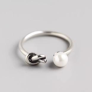 韩版简约做旧复古戒指女时尚个性泰银不对称单打结珍珠戒指环开口