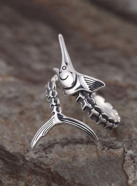 2024新品复古马林鱼老人与海戒指做旧泰银时尚个性男士开口指环