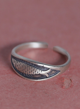 新品复古做旧锦鲤鱼男女款戒指开口可调节鱼飞升咸鱼翻身指环