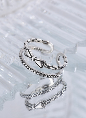新品日韩风复古锁链双层蝴蝶结戒指女气质个性辣妹甜美开口指环戒