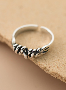 新款日韩新品复古风做旧个性绳结缠绕戒指泰银镂空麻花男女手饰品