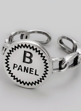 韩版时尚圆牌锁链指环开口泰银简约气质复古英文B字母戒指女