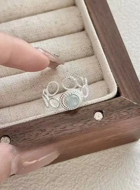 新款日韩甜美小清新天然海蓝宝戒指女ins仙气蕾丝珠边圆形食指环