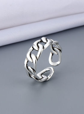 复古泰银链条指环简约做旧锁链戒指霸气镂空紧扣开口戒指女饰品戒