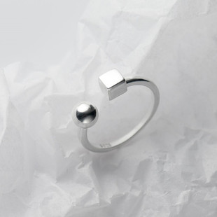 新品韩国风简约光面四方块圆珠戒指女式百搭时尚小众开口食指戒戒