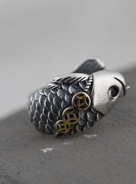 新款国风潮流复古泰银简约鱼形指环男款鲤鱼钱币纹如意开口指环